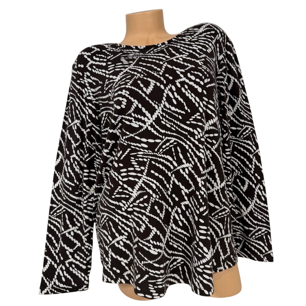 Chicos Brown White Abstract Geometric 100% Cotton Top Size 3 XL Long Sleeve